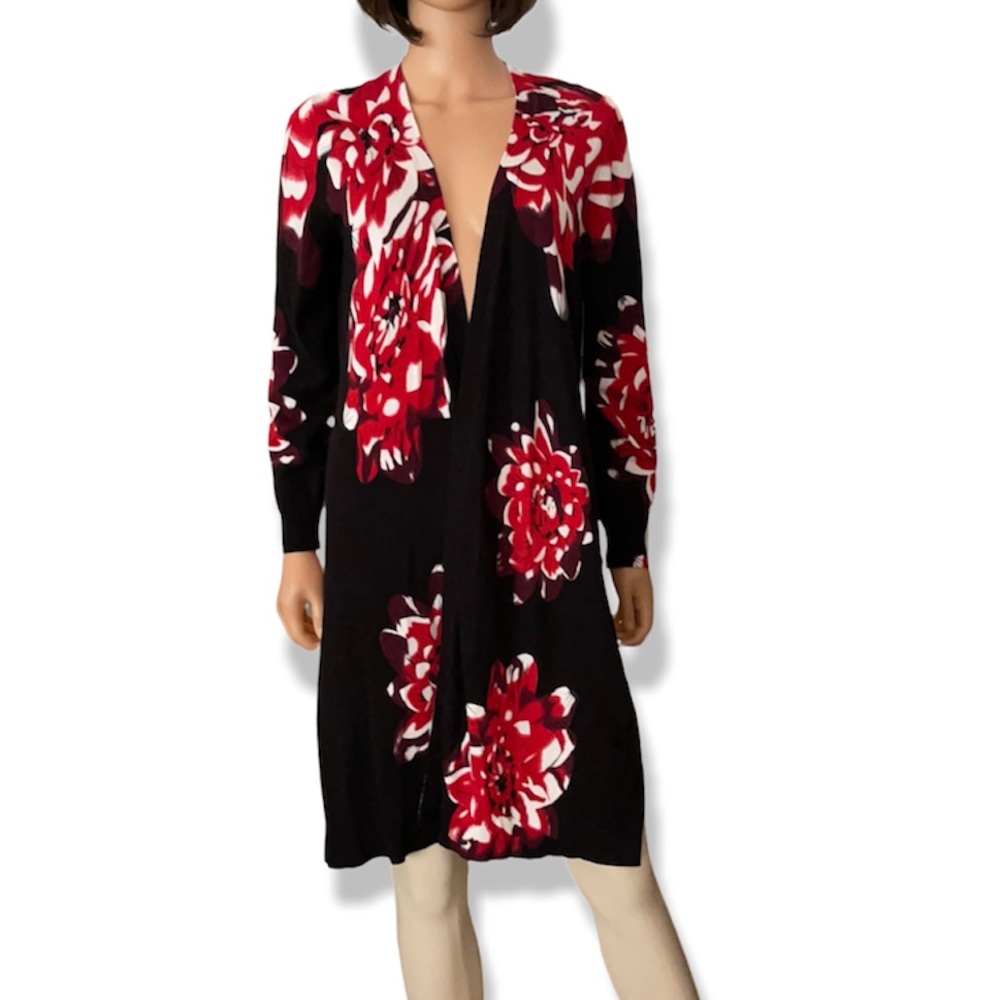 NWT Relativity Cotton Blend Black Red Floral Long Open Front Duster Cardigan